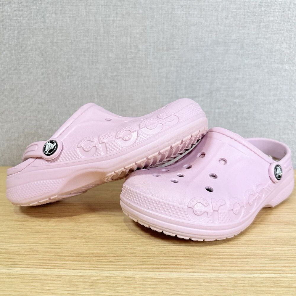 Crocs Kids Baya Lined Clogs Size J1 Barely Pink Fuzzy Fleece Slippers Youth